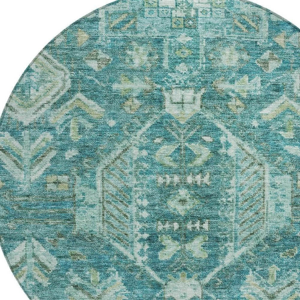 8' Turquoise And Teal Blue Round Medallion Washable Indoor Outdoor Area Rug HomeRoots
