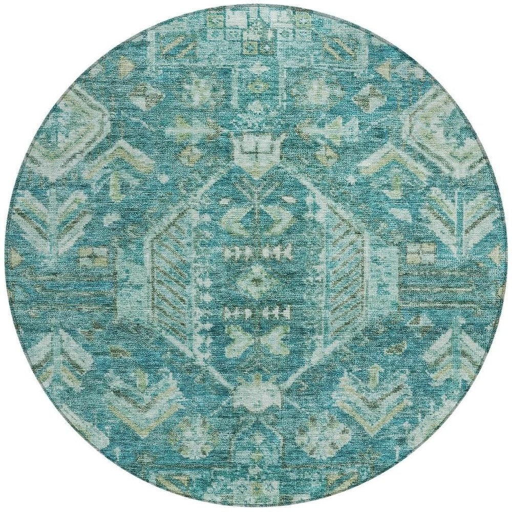 8' Turquoise And Teal Blue Round Medallion Washable Indoor Outdoor Area Rug — view 5