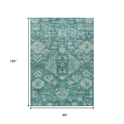 8' X 10' Turquoise And Teal Blue Medallion Washable Indoor Outdoor Area Rug
