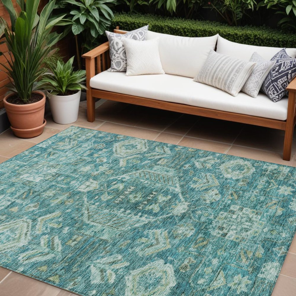 8' X 10' Turquoise And Teal Blue Medallion Washable Indoor Outdoor Area Rug
