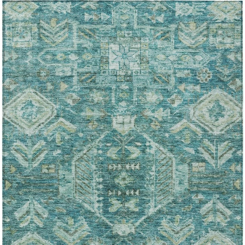 9' X 12' Turquoise And Teal Blue Medallion Washable Indoor Outdoor Area Rug — view 5