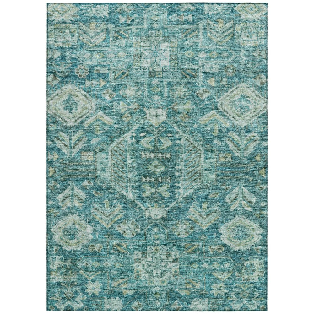 9' X 12' Turquoise And Teal Blue Medallion Washable Indoor Outdoor Area Rug — view 6