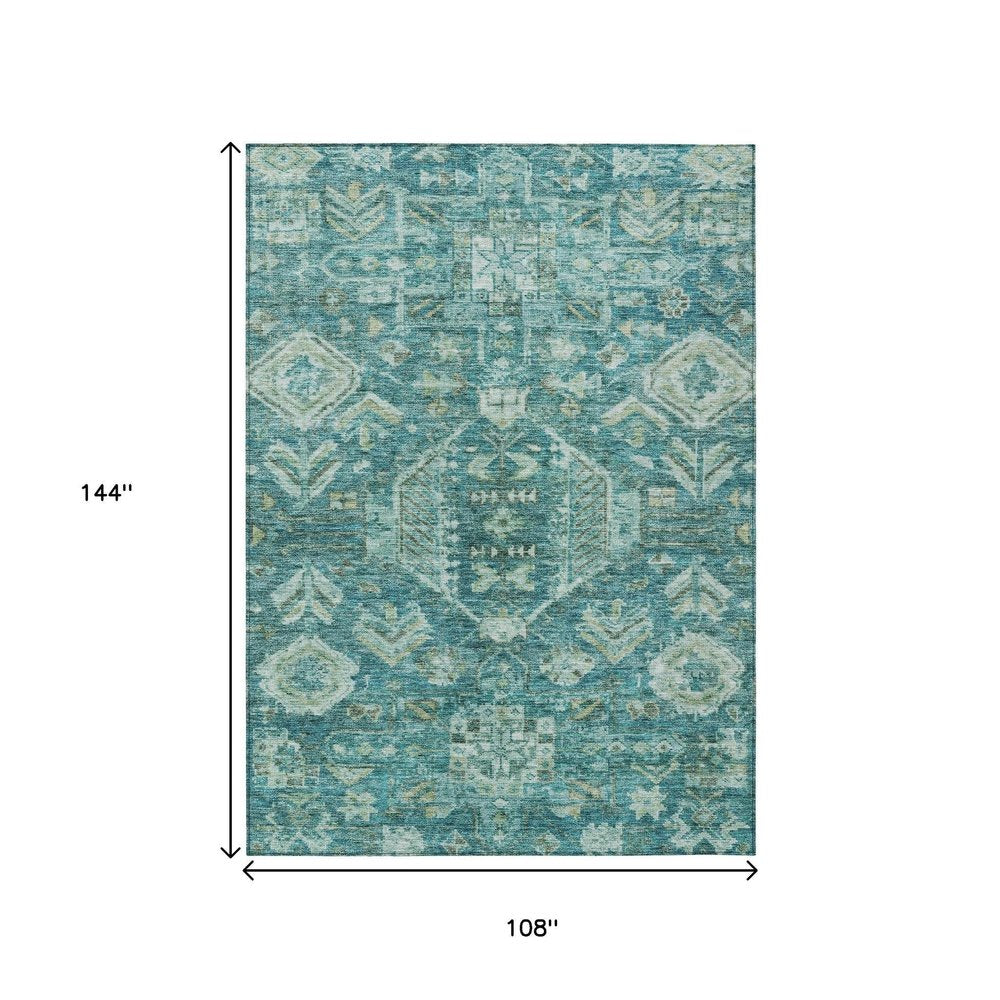 9' X 12' Turquoise And Teal Blue Medallion Washable Indoor Outdoor Area Rug — view 7