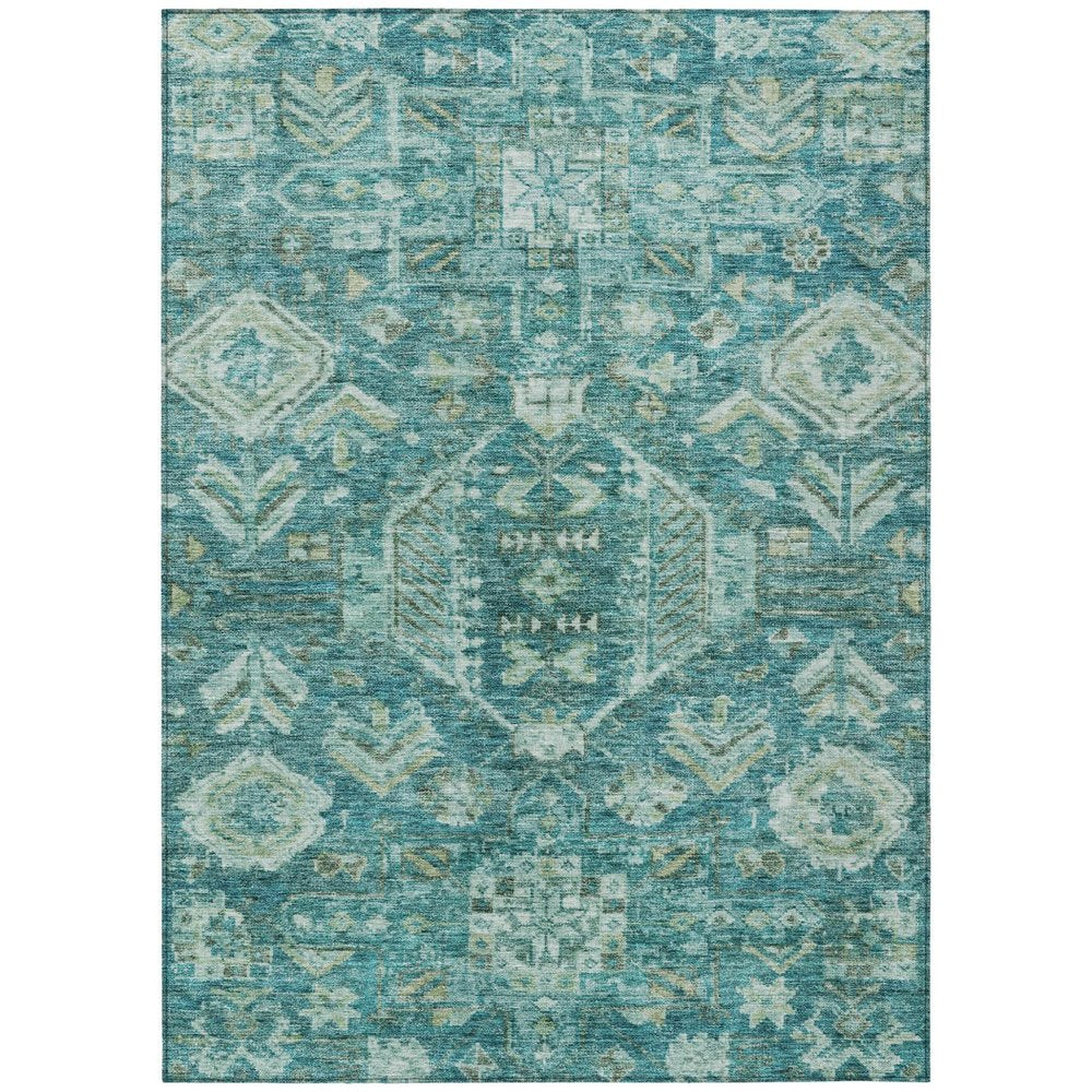 9' X 12' Turquoise And Teal Blue Medallion Washable Indoor Outdoor Area Rug — view 1