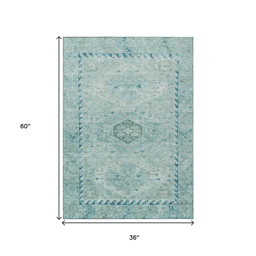 3' X 5' Aqua And Teal Blue Medallion Washable Indoor Outdoor Area Rug