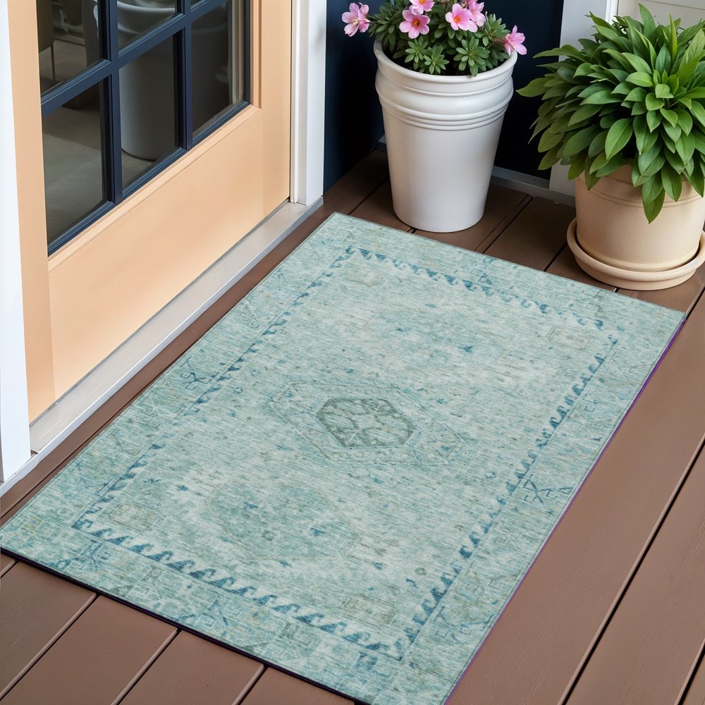 3' X 5' Aqua And Teal Blue Medallion Washable Indoor Outdoor Area Rug HomeRoots