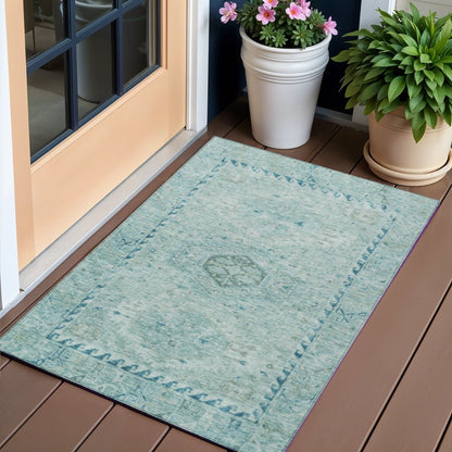 3' X 5' Aqua And Teal Blue Medallion Washable Indoor Outdoor Area Rug