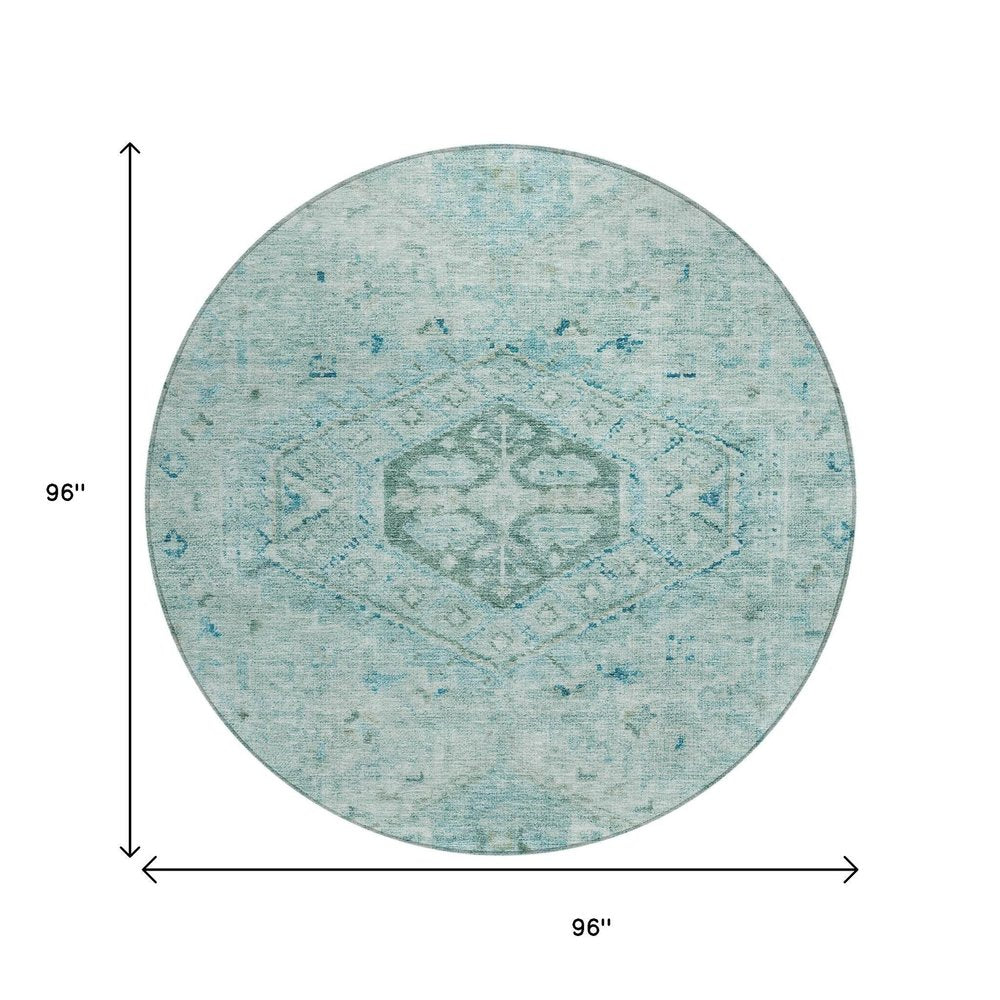 8' Aqua And Teal Blue Round Medallion Washable Indoor Outdoor Area Rug HomeRoots
