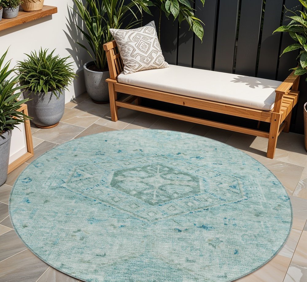 8' Aqua And Teal Blue Round Medallion Washable Indoor Outdoor Area Rug — view 7
