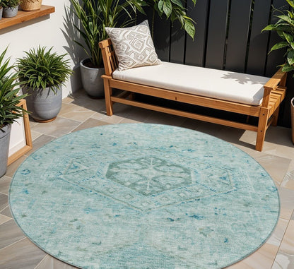 8' Aqua And Teal Blue Round Medallion Washable Indoor Outdoor Area Rug HomeRoots