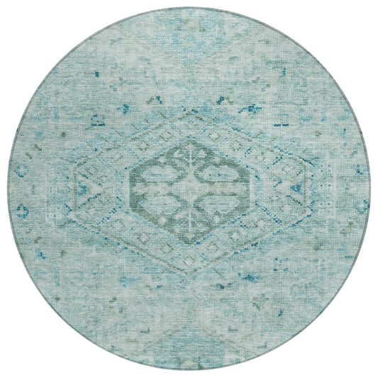 8' Aqua And Teal Blue Round Medallion Washable Indoor Outdoor Area Rug