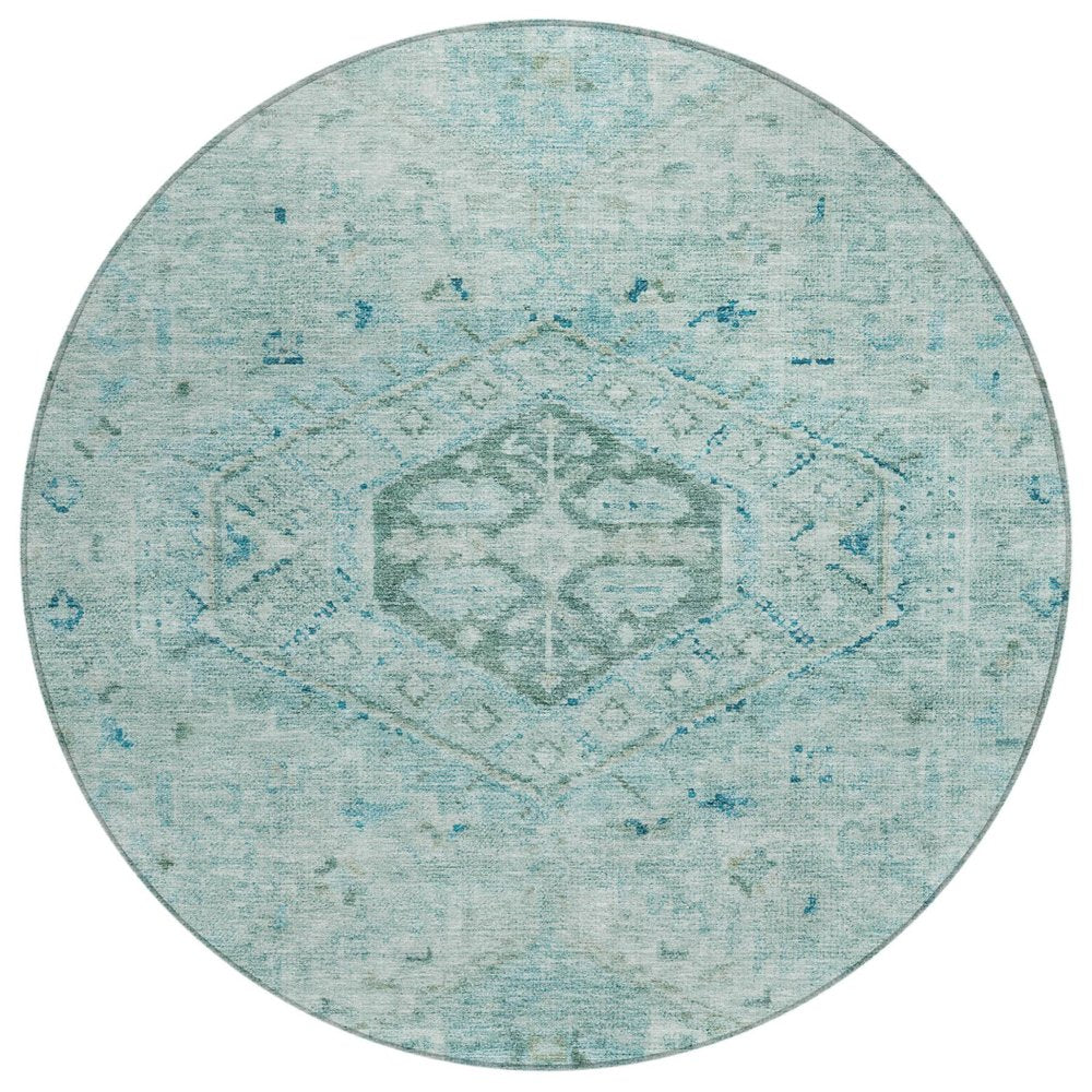 8' Aqua And Teal Blue Round Medallion Washable Indoor Outdoor Area Rug HomeRoots
