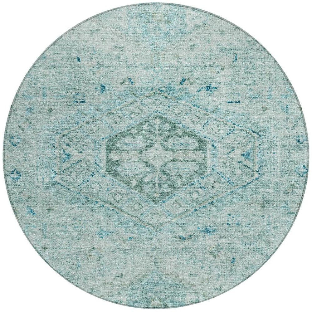 8' Aqua And Teal Blue Round Medallion Washable Indoor Outdoor Area Rug HomeRoots