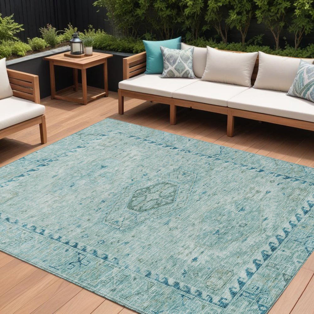 8' X 10' Aqua And Teal Blue Medallion Washable Indoor Outdoor Area Rug