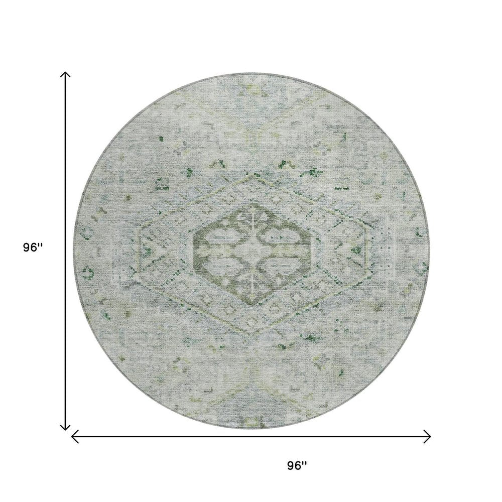 8' Lime Green And Beige Round Medallion Washable Indoor Outdoor Area Rug HomeRoots