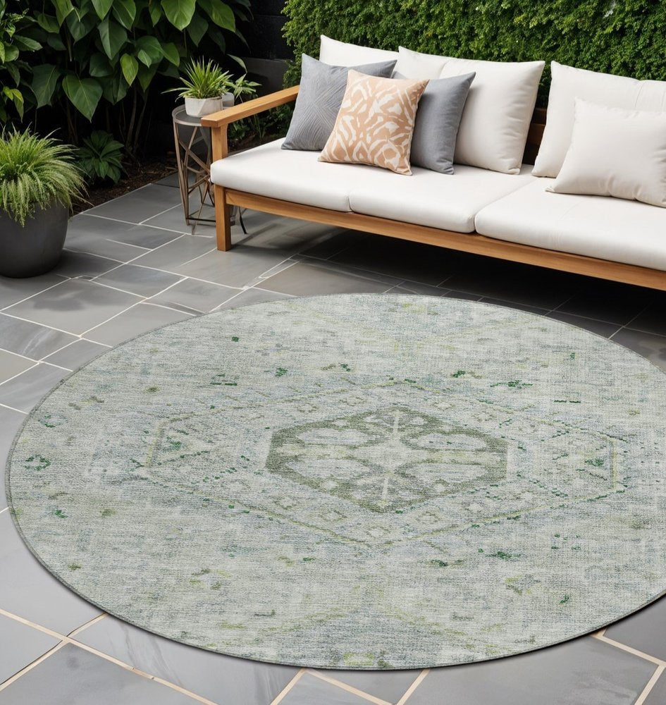 8' Lime Green And Beige Round Medallion Washable Indoor Outdoor Area Rug — view 12