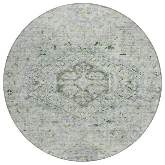 8' Lime Green And Beige Round Medallion Washable Indoor Outdoor Area Rug