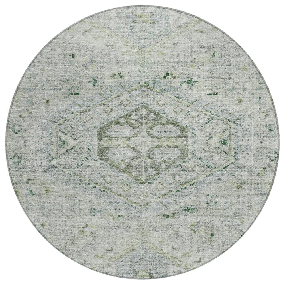 8' Lime Green And Beige Round Medallion Washable Indoor Outdoor Area Rug — view 1