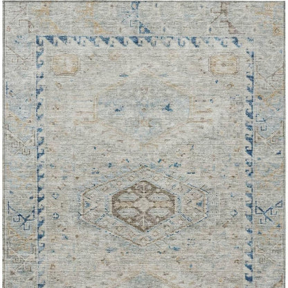 5' X 8' Linen And Blue Medallion Washable Indoor Outdoor Area Rug