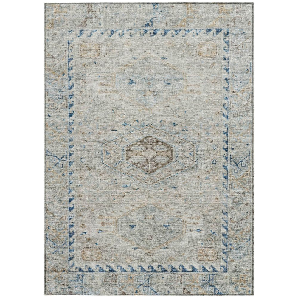 5' X 8' Linen And Blue Medallion Washable Indoor Outdoor Area Rug — view 6