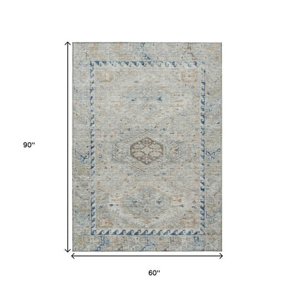 5' X 8' Linen And Blue Medallion Washable Indoor Outdoor Area Rug HomeRoots