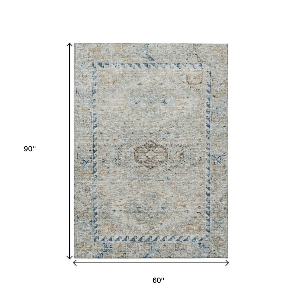 5' X 8' Linen And Blue Medallion Washable Indoor Outdoor Area Rug