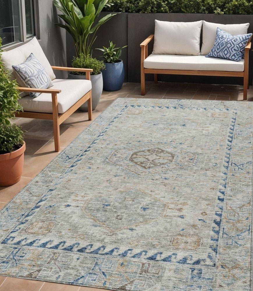 5' X 8' Linen And Blue Medallion Washable Indoor Outdoor Area Rug — view 9