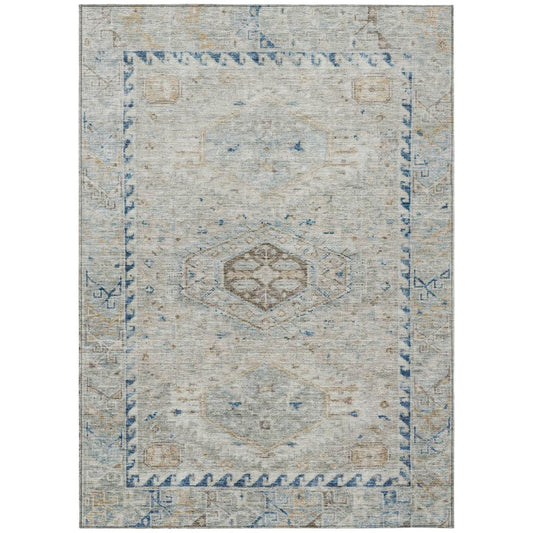 5' X 8' Linen And Blue Medallion Washable Indoor Outdoor Area Rug