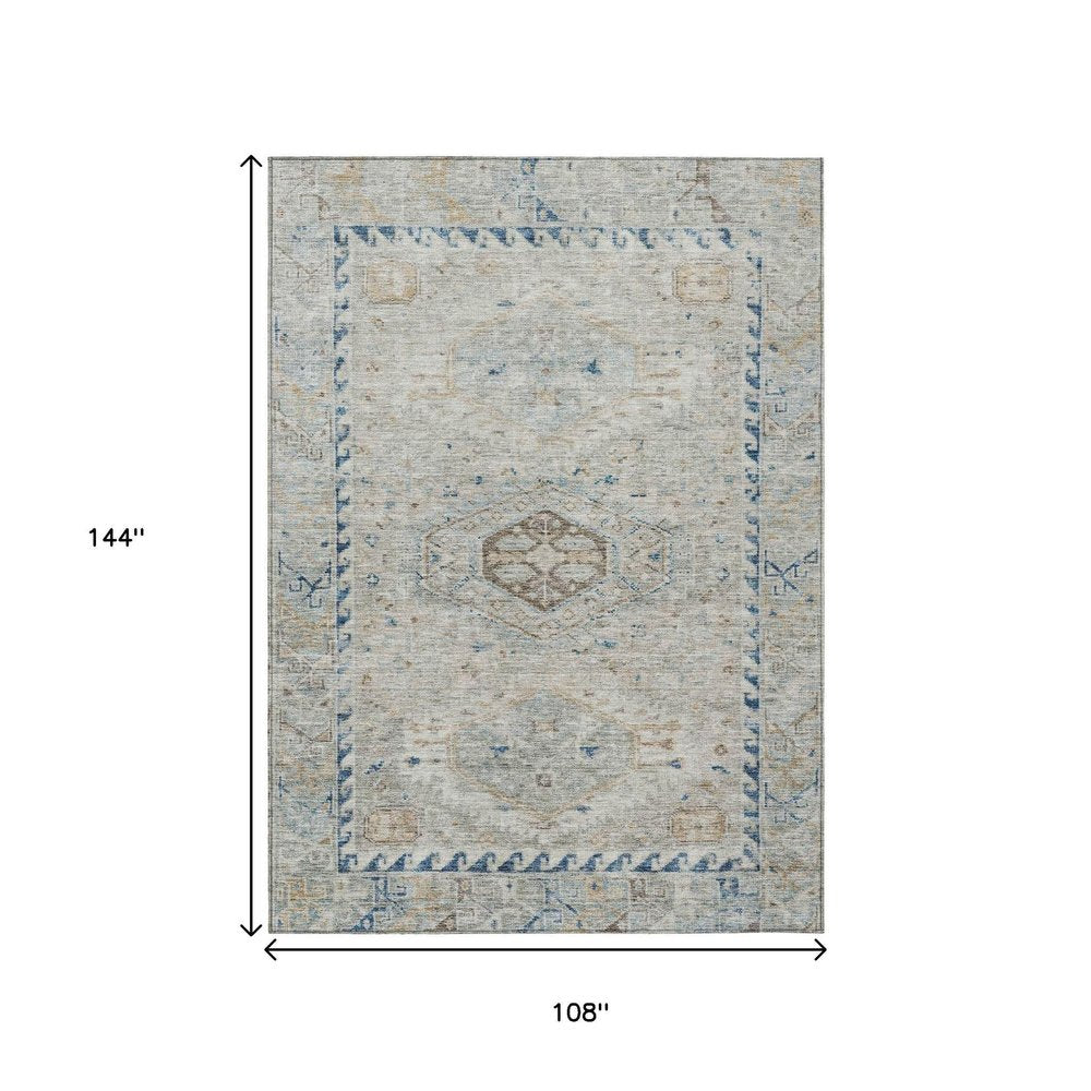 9' X 12' Linen And Blue Medallion Washable Indoor Outdoor Area Rug HomeRoots