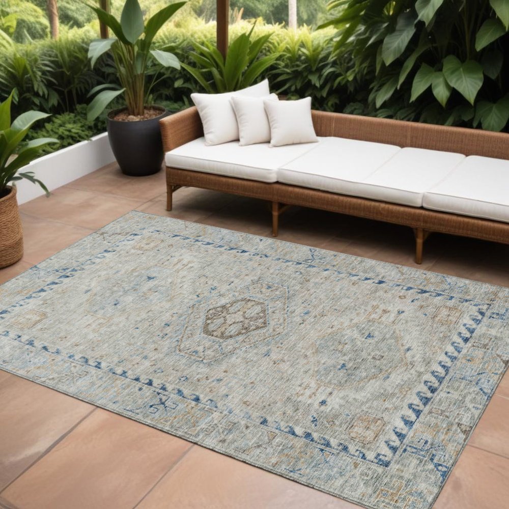 9' X 12' Linen And Blue Medallion Washable Indoor Outdoor Area Rug — view 8