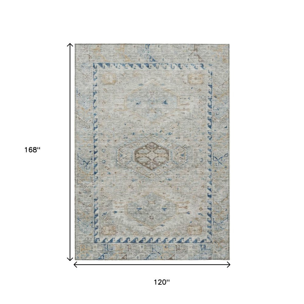 10' X 14' Linen And Blue Medallion Washable Indoor Outdoor Area Rug HomeRoots