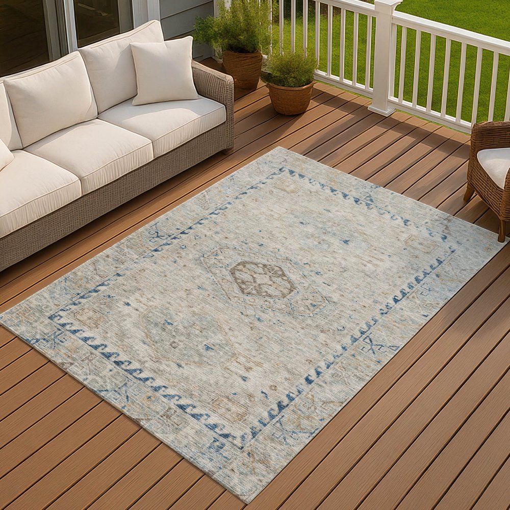 10' X 14' Linen And Blue Medallion Washable Indoor Outdoor Area Rug — view 7