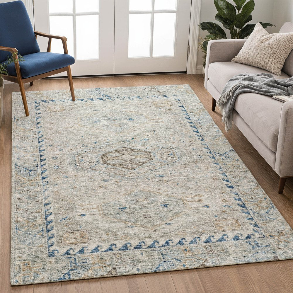 10' X 14' Linen And Blue Medallion Washable Indoor Outdoor Area Rug — view 20