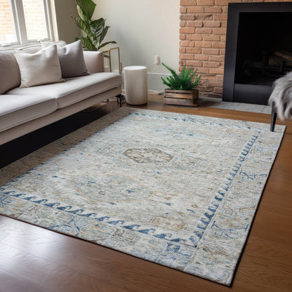 10' X 14' Linen And Blue Medallion Washable Indoor Outdoor Area Rug HomeRoots