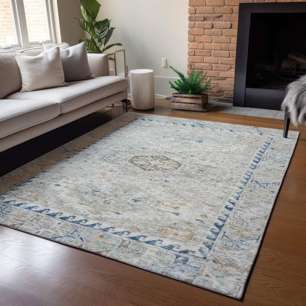 10' X 14' Linen And Blue Medallion Washable Indoor Outdoor Area Rug — view 21