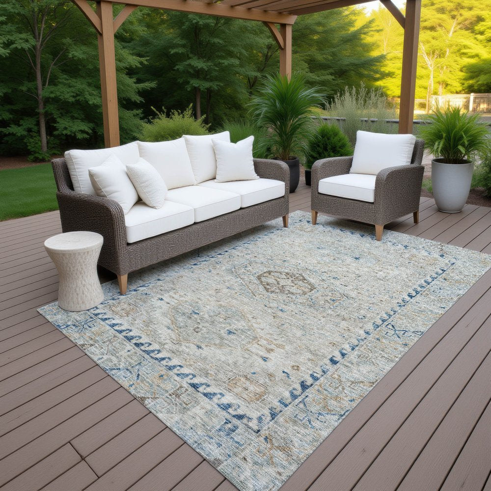 10' X 14' Linen And Blue Medallion Washable Indoor Outdoor Area Rug — view 22