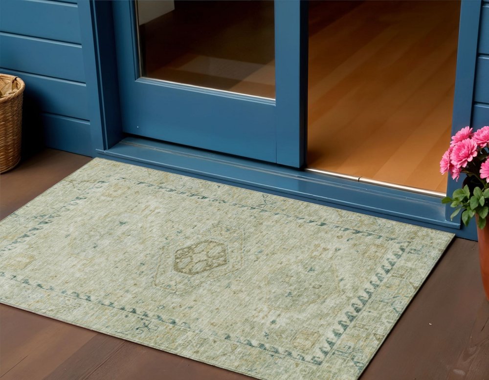 3' X 5' Sage And Gold Medallion Washable Indoor Outdoor Area Rug HomeRoots