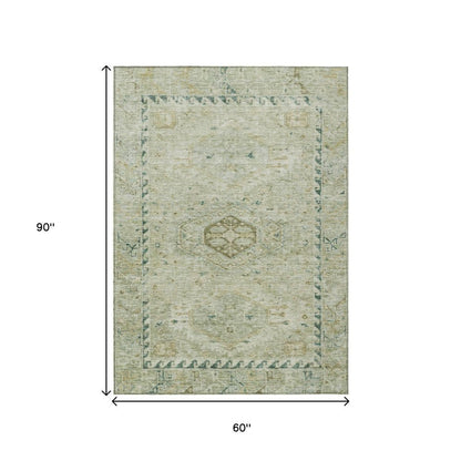 5' X 8' Sage And Gold Medallion Washable Indoor Outdoor Area Rug HomeRoots