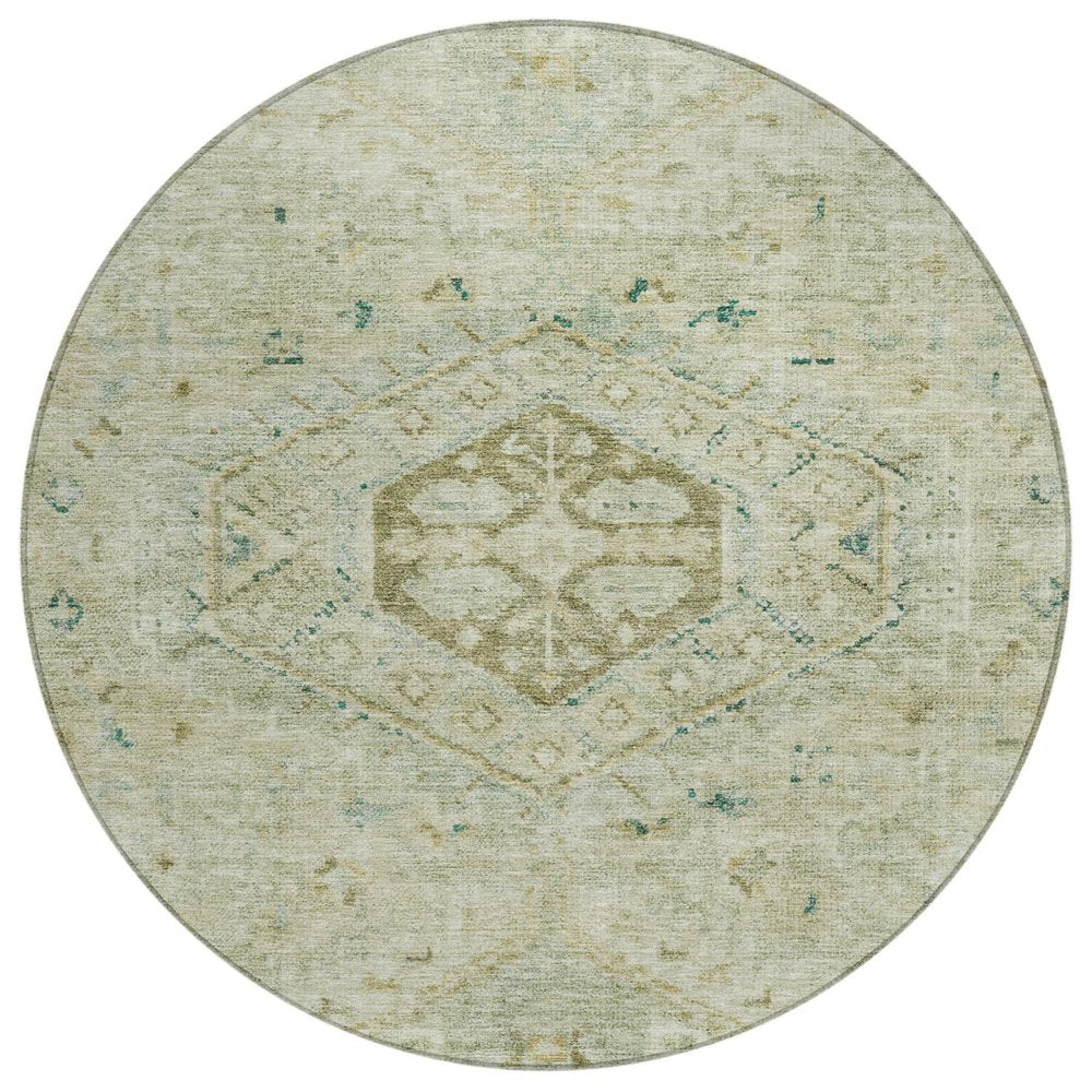 8' Sage And Gold Round Medallion Washable Indoor Outdoor Area Rug — view 1