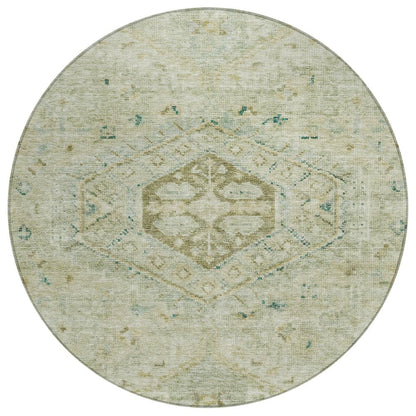 8' Sage And Gold Round Medallion Washable Indoor Outdoor Area Rug HomeRoots
