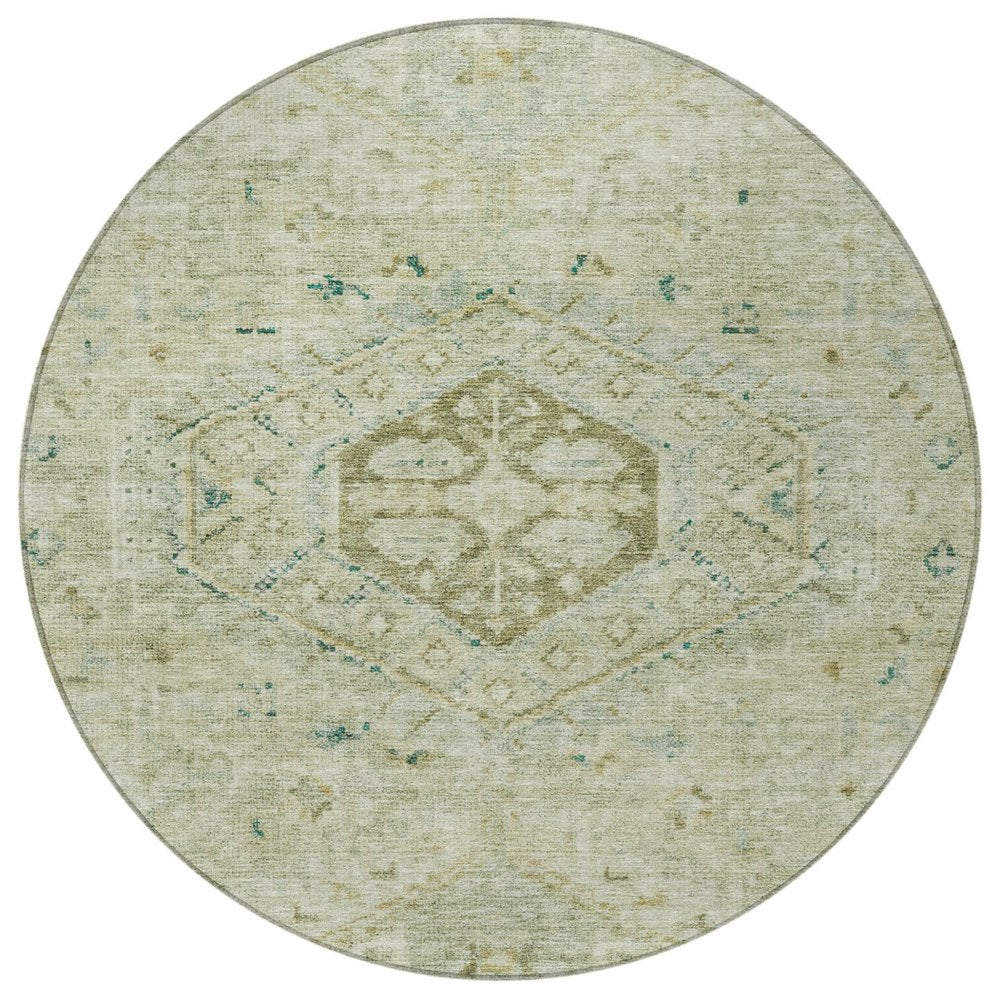 8' Sage And Gold Round Medallion Washable Indoor Outdoor Area Rug HomeRoots