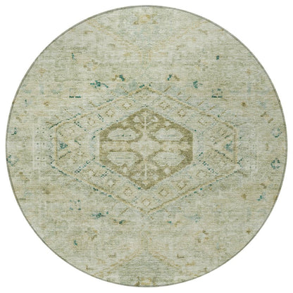8' Sage And Gold Round Medallion Washable Indoor Outdoor Area Rug HomeRoots