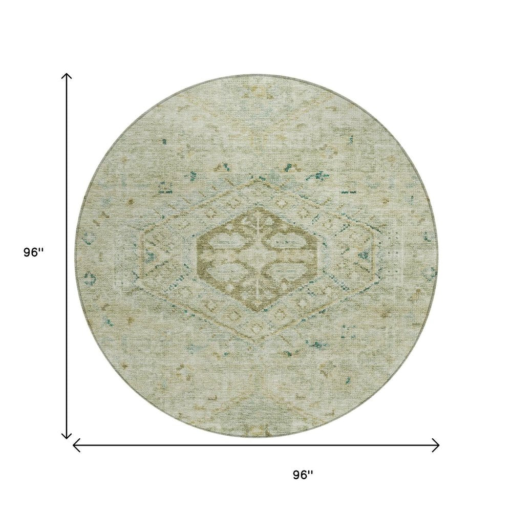 8' Sage And Gold Round Medallion Washable Indoor Outdoor Area Rug — view 4