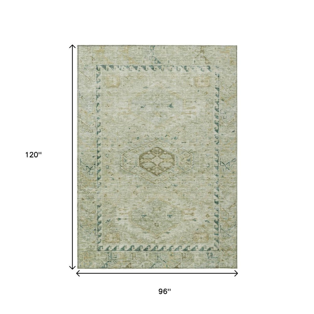 8' X 10' Sage And Gold Medallion Washable Indoor Outdoor Area Rug