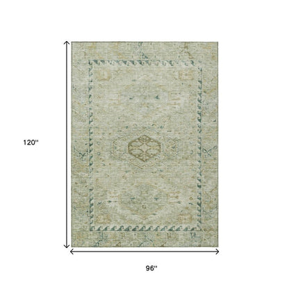 8' X 10' Sage And Gold Medallion Washable Indoor Outdoor Area Rug