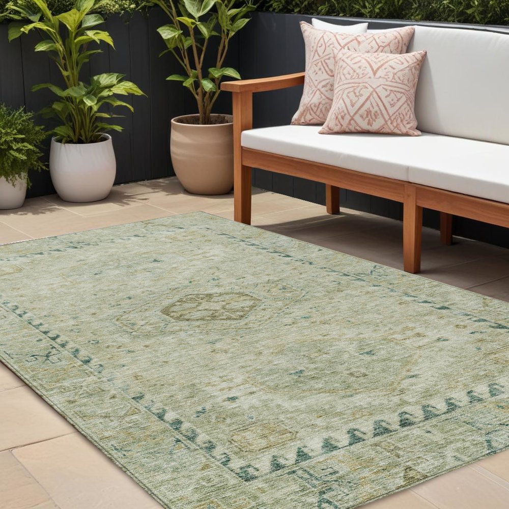 8' X 10' Sage And Gold Medallion Washable Indoor Outdoor Area Rug