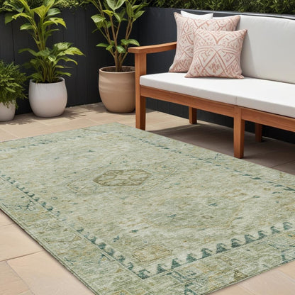 8' X 10' Sage And Gold Medallion Washable Indoor Outdoor Area Rug