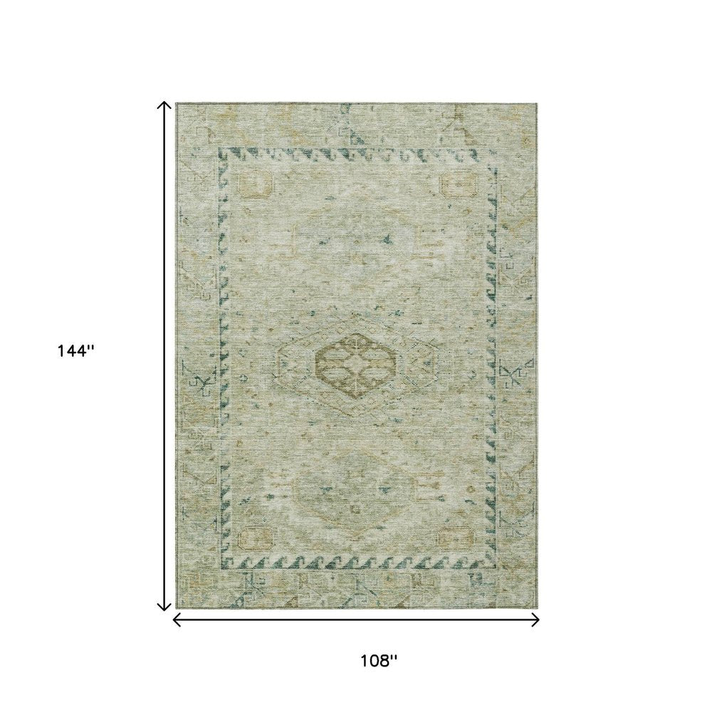 9' X 12' Sage And Gold Medallion Washable Indoor Outdoor Area Rug