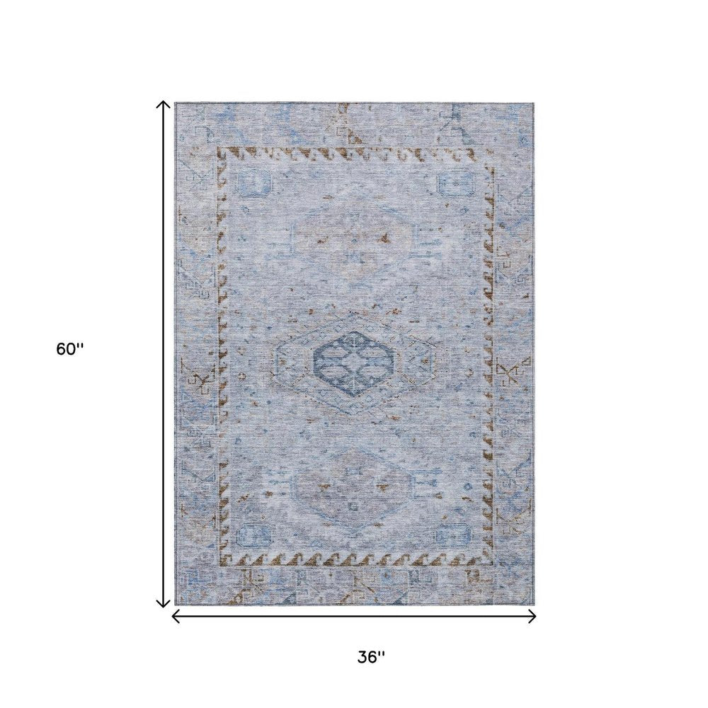 3' X 5' Sky Blue And Brown Medallion Washable Indoor Outdoor Area Rug HomeRoots