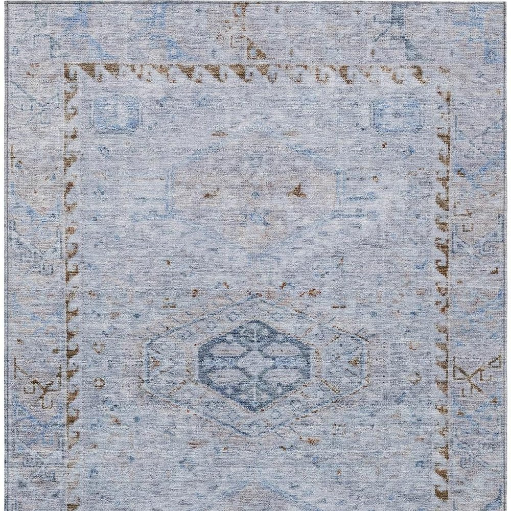 10' X 14' Sky Blue And Brown Medallion Washable Indoor Outdoor Area Rug